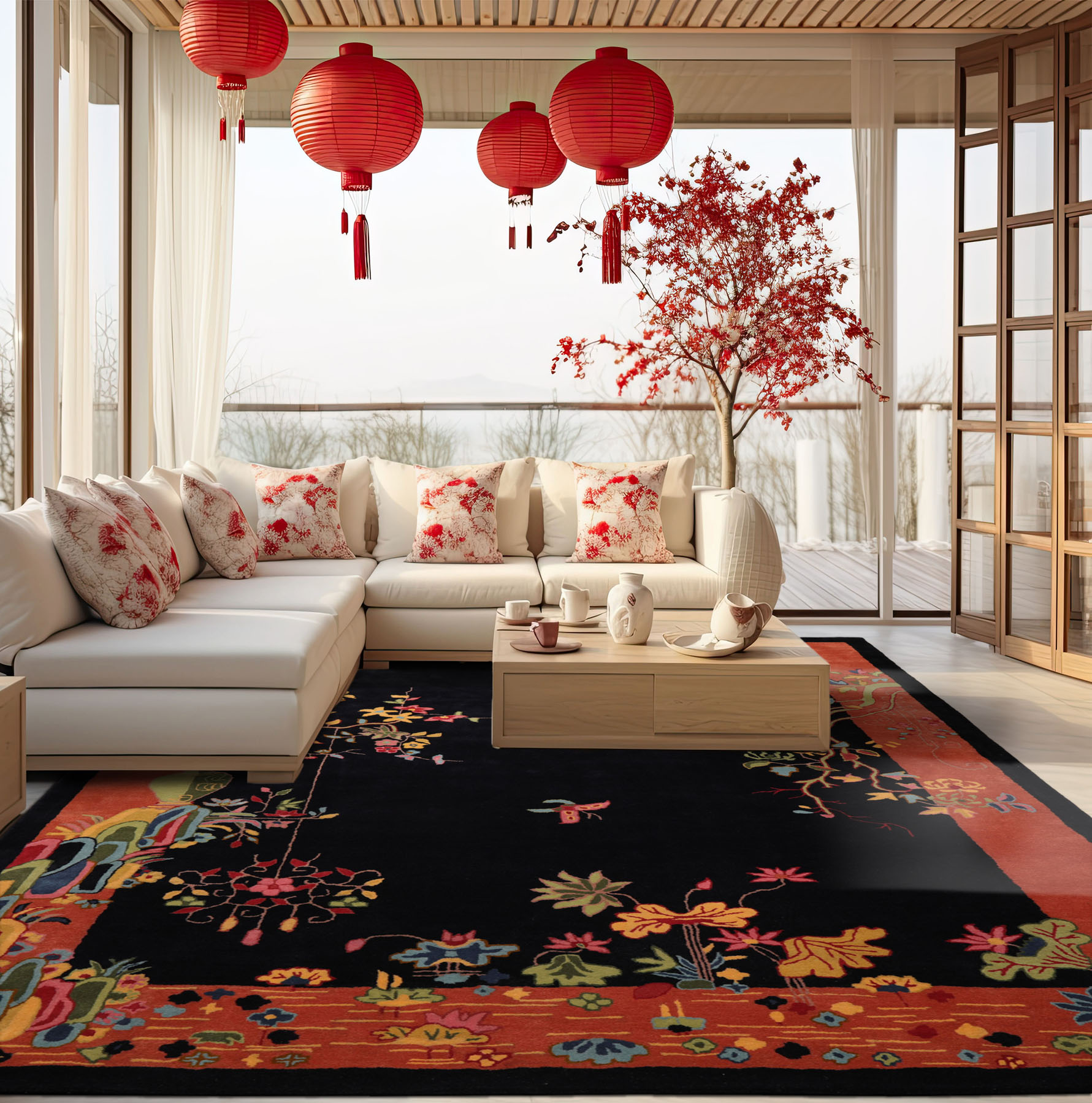 LoomBloom Multi Size Black Hand Tufted Floral Art Deco New Zealand Wool Area Rug