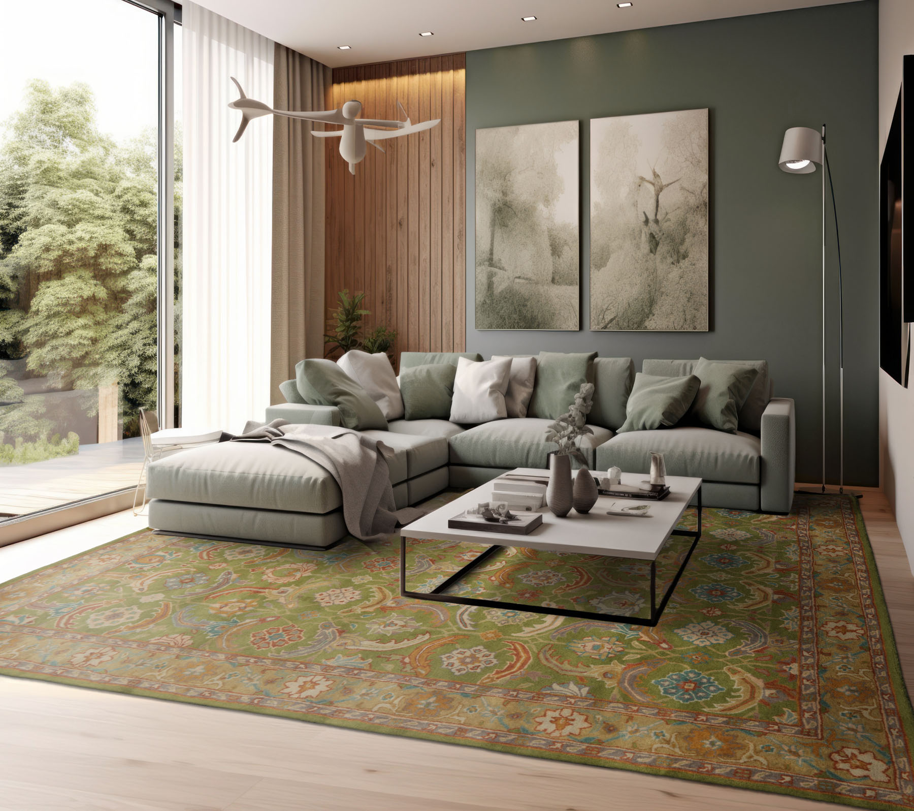 Multi Size Transitional Arts & Crafts LoomBloom Green Hand Knotted Wool Area Rug - Picture 11 of 30