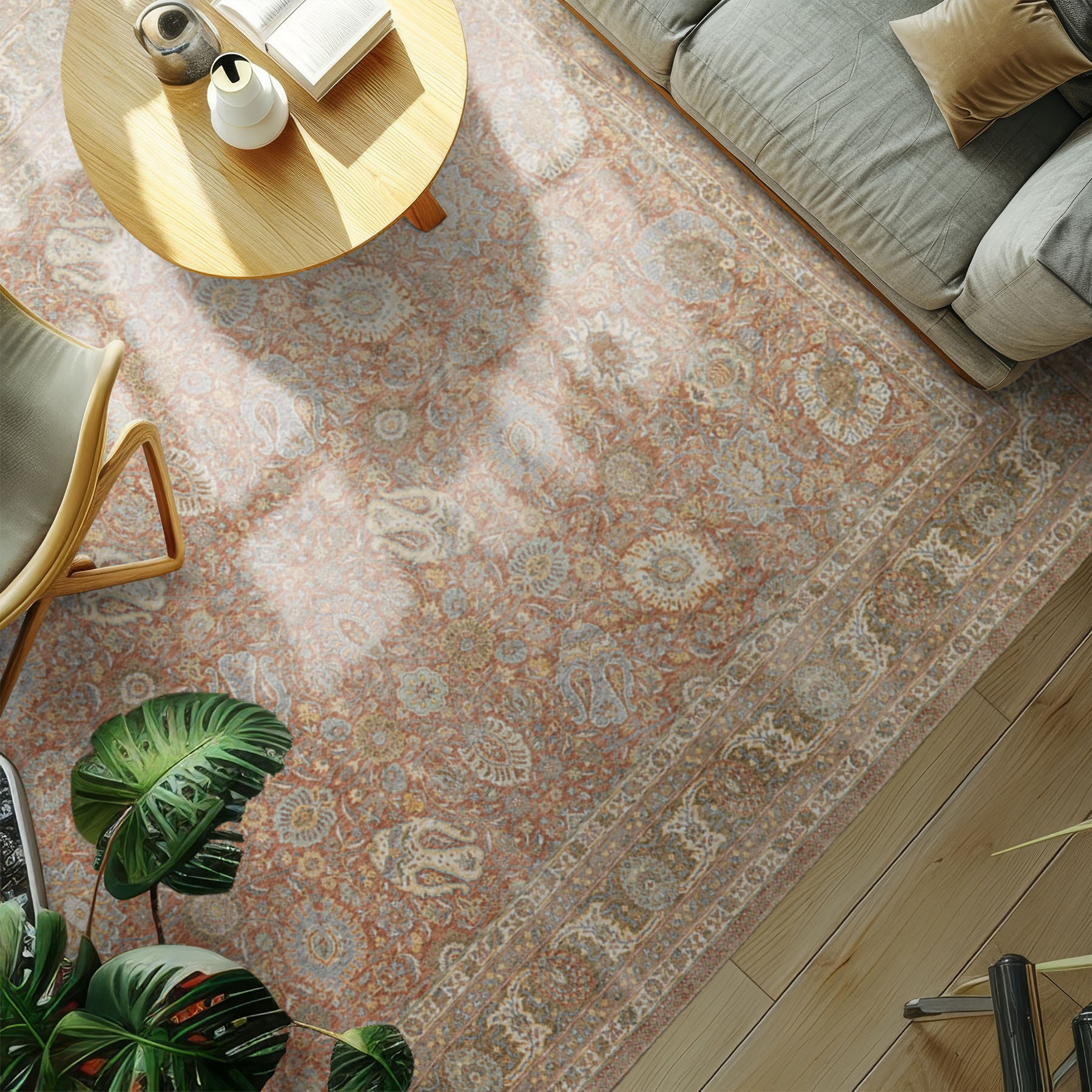 Multi Size Silky Dense Full Pile Rust Ivory Rug