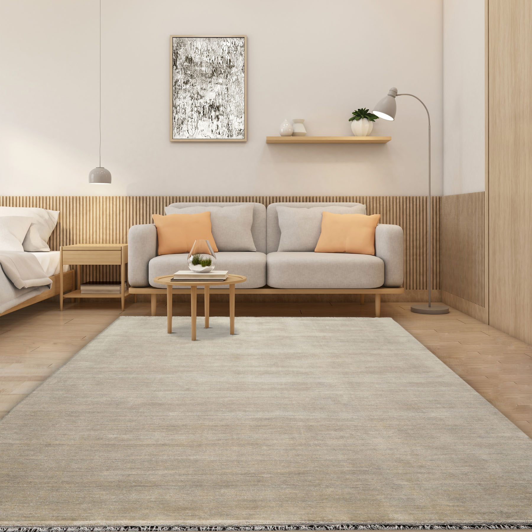Multi Size Hand-Knotted Wool Solid Minimalist Oriental Area Rug in Mossy Gray