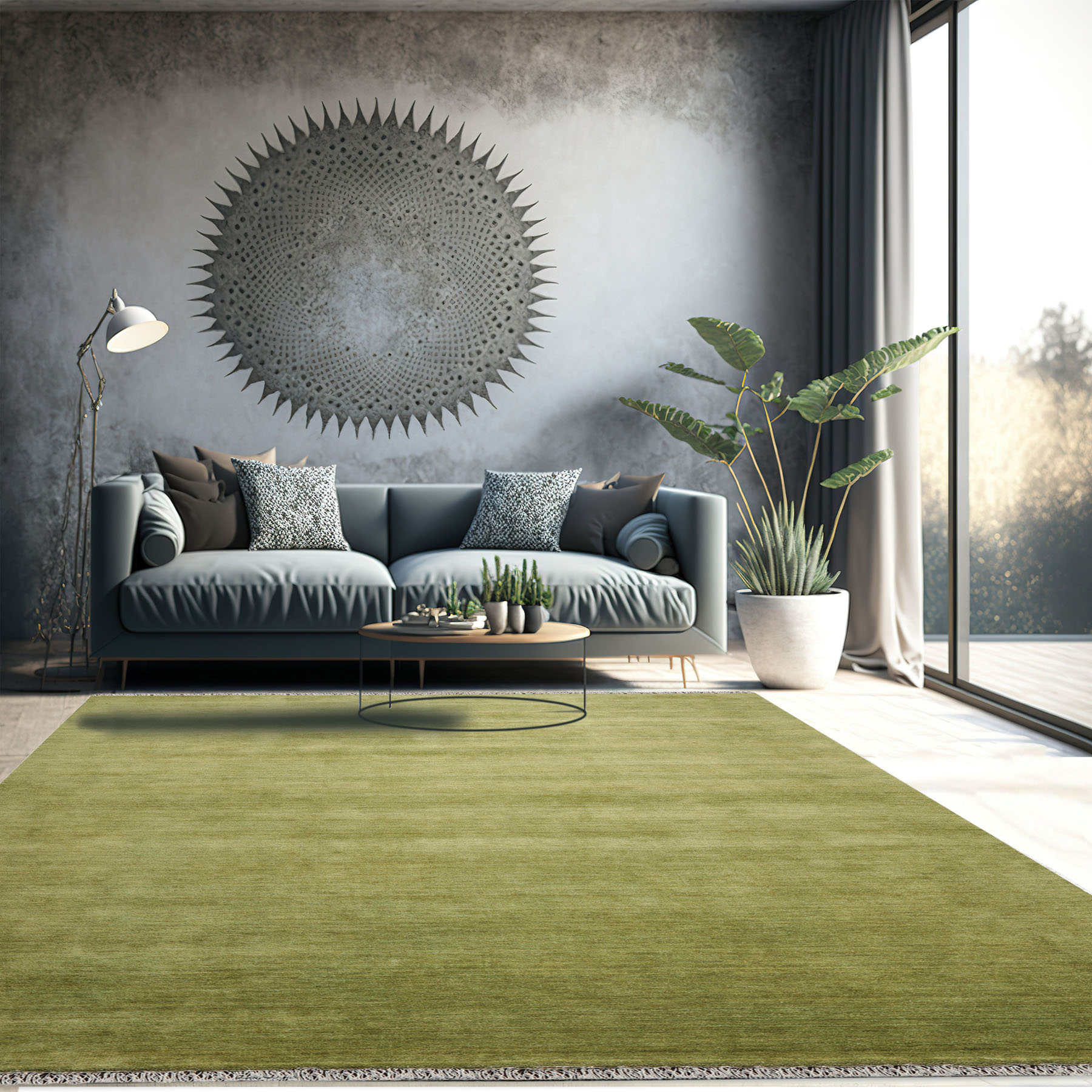Multi Size Hand-Knotted Solid Minimalist Modern Wool Oriental Area Rug in Green