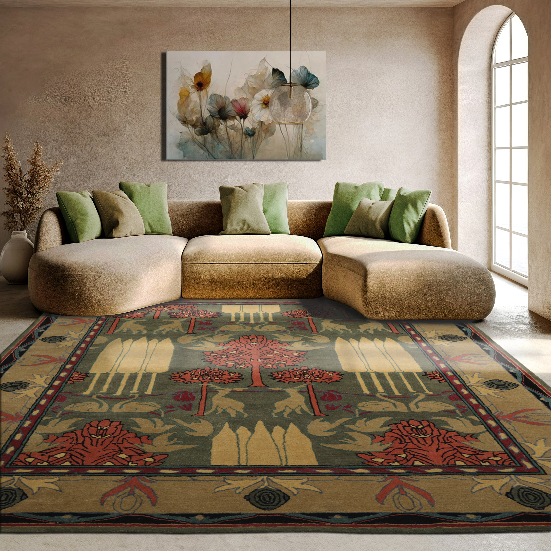 Multi Size Green Wool Rug, Hand Tufted with an Arts & Crafts William Morris
