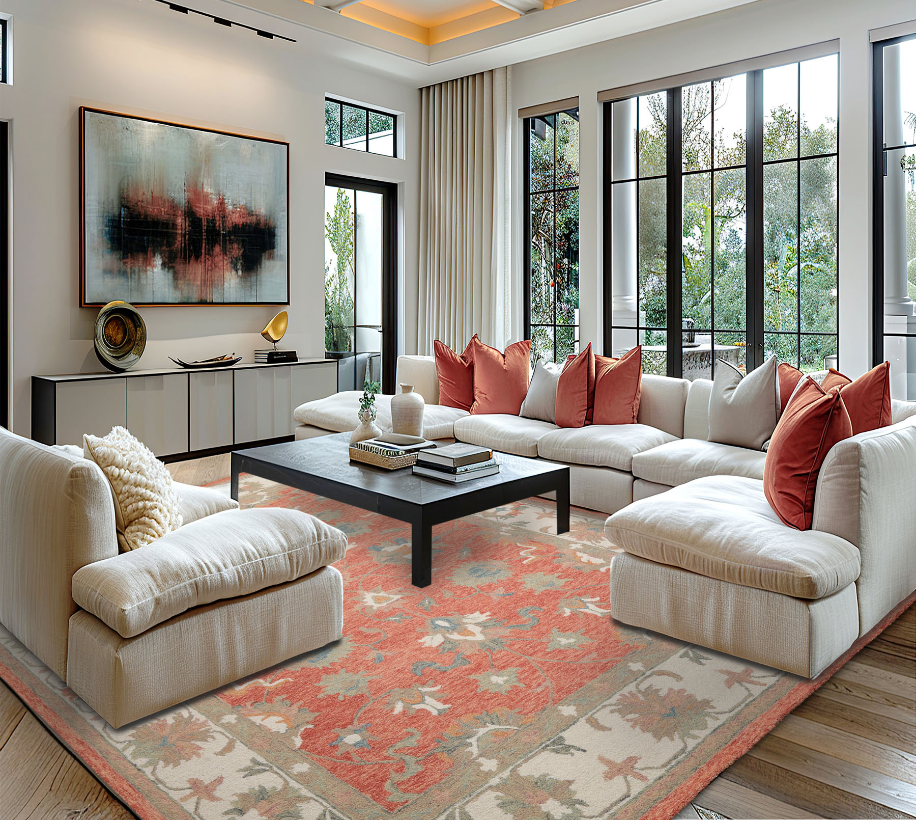 Multi Size LoomBloom Orange Wool Rug, Hand Hooked Agra Transitional Pattern