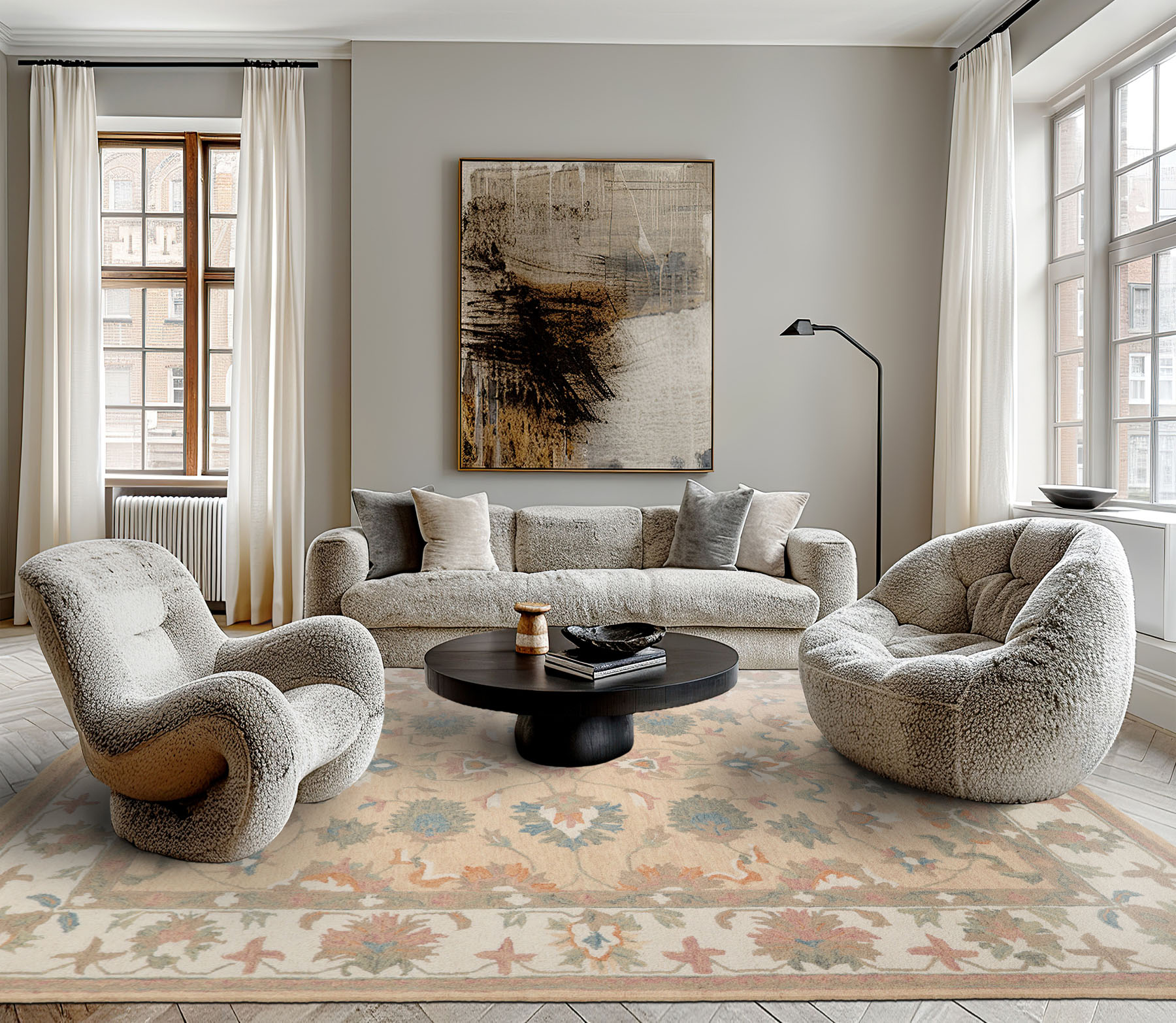 Multi Size LoomBloom Pale Peach Wool Rug, Hand Hooked Traditional Agra Weave
