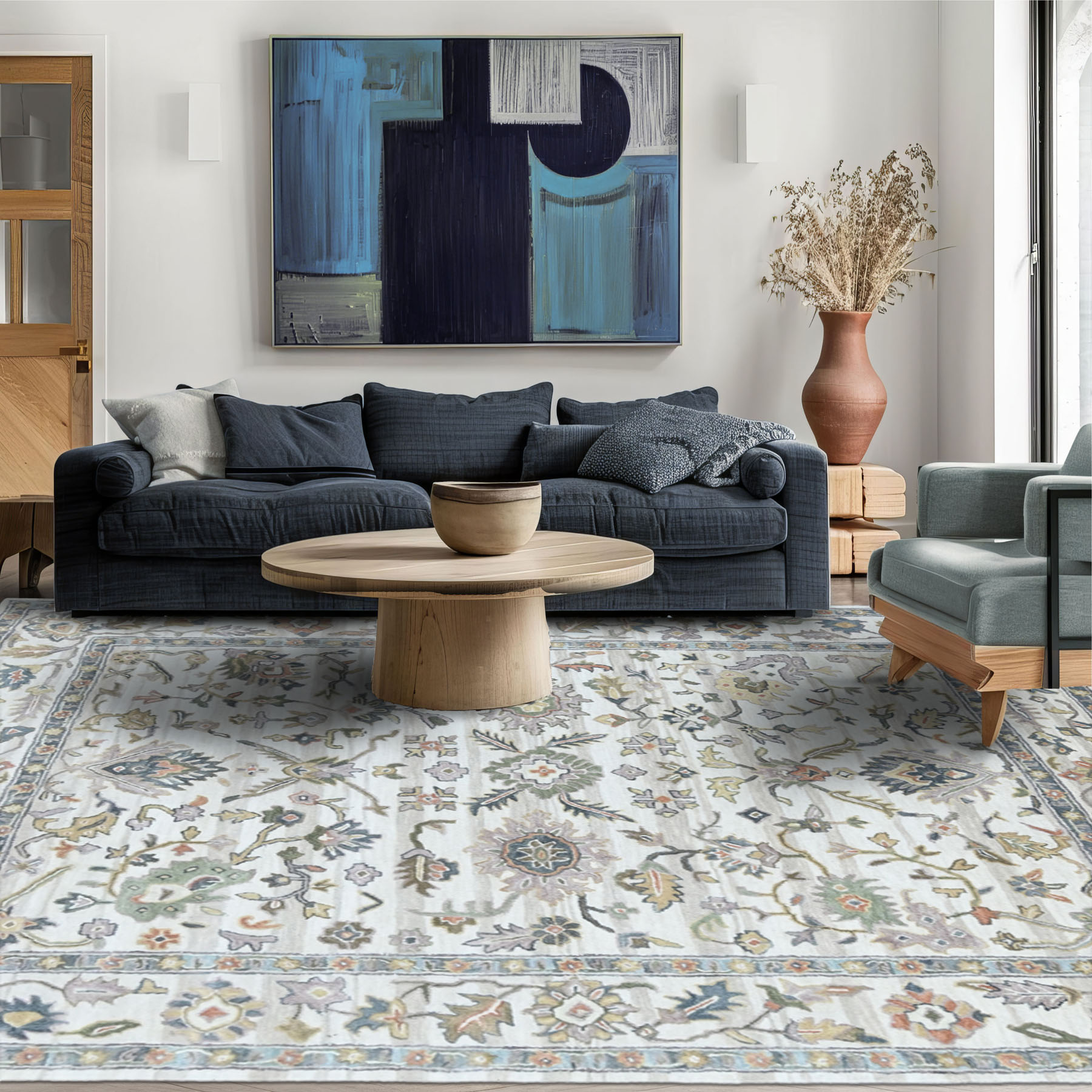 Multi Size Ivory Hand Tufted Handmade Modern Floral Wool Oriental Area Rug