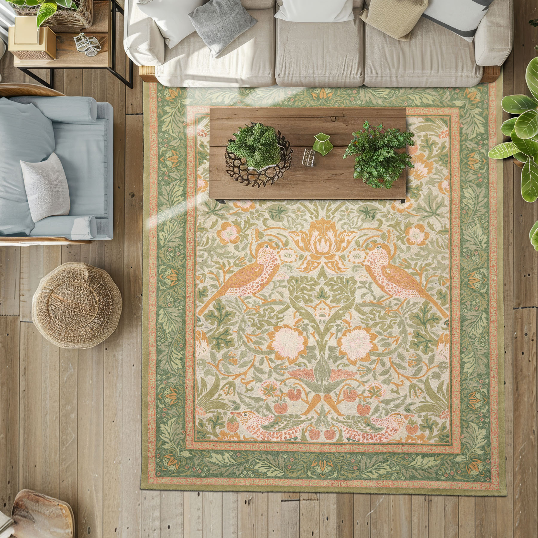 LoomBloom William Morris Hungry Birds Multi Size Hand Hooked High-twist Wool Rug
