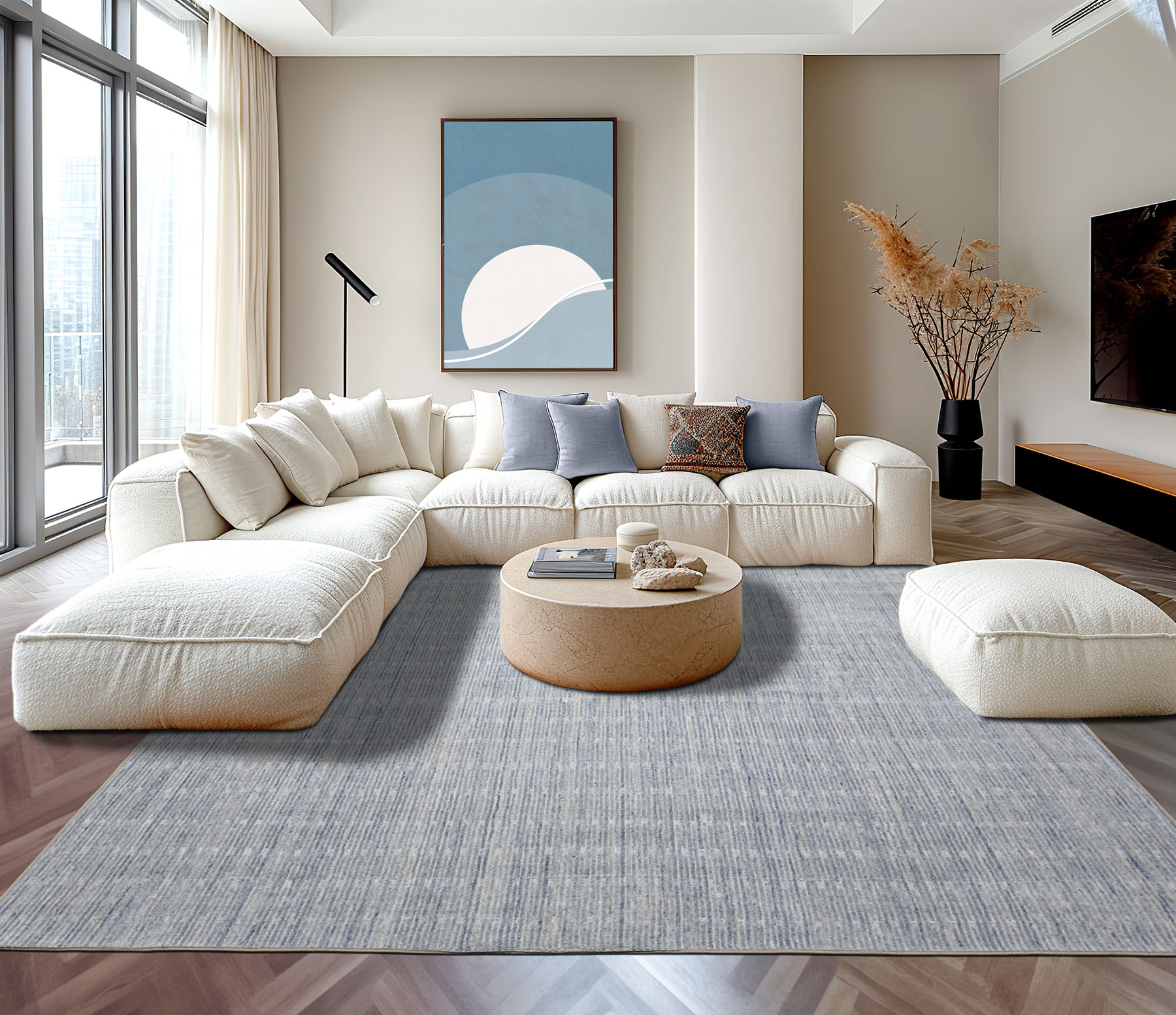 Multi Sizes Hand Loomed Wool Slate, Blue Ribbed Texture Handmade Rug