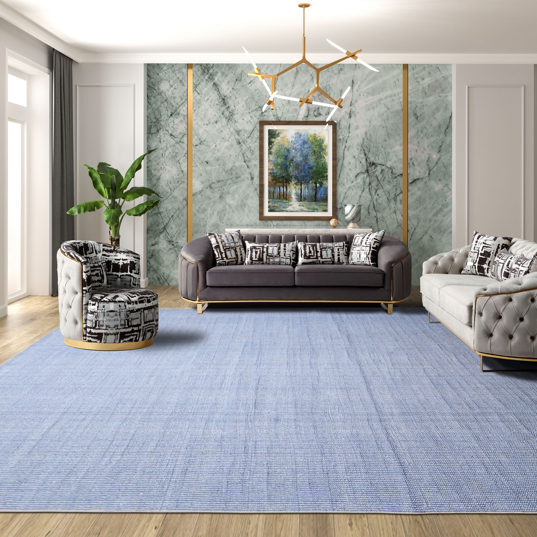 Multi Size Hand Loomed Wool Tone on Tone Blue, Berber Contemporary Rug