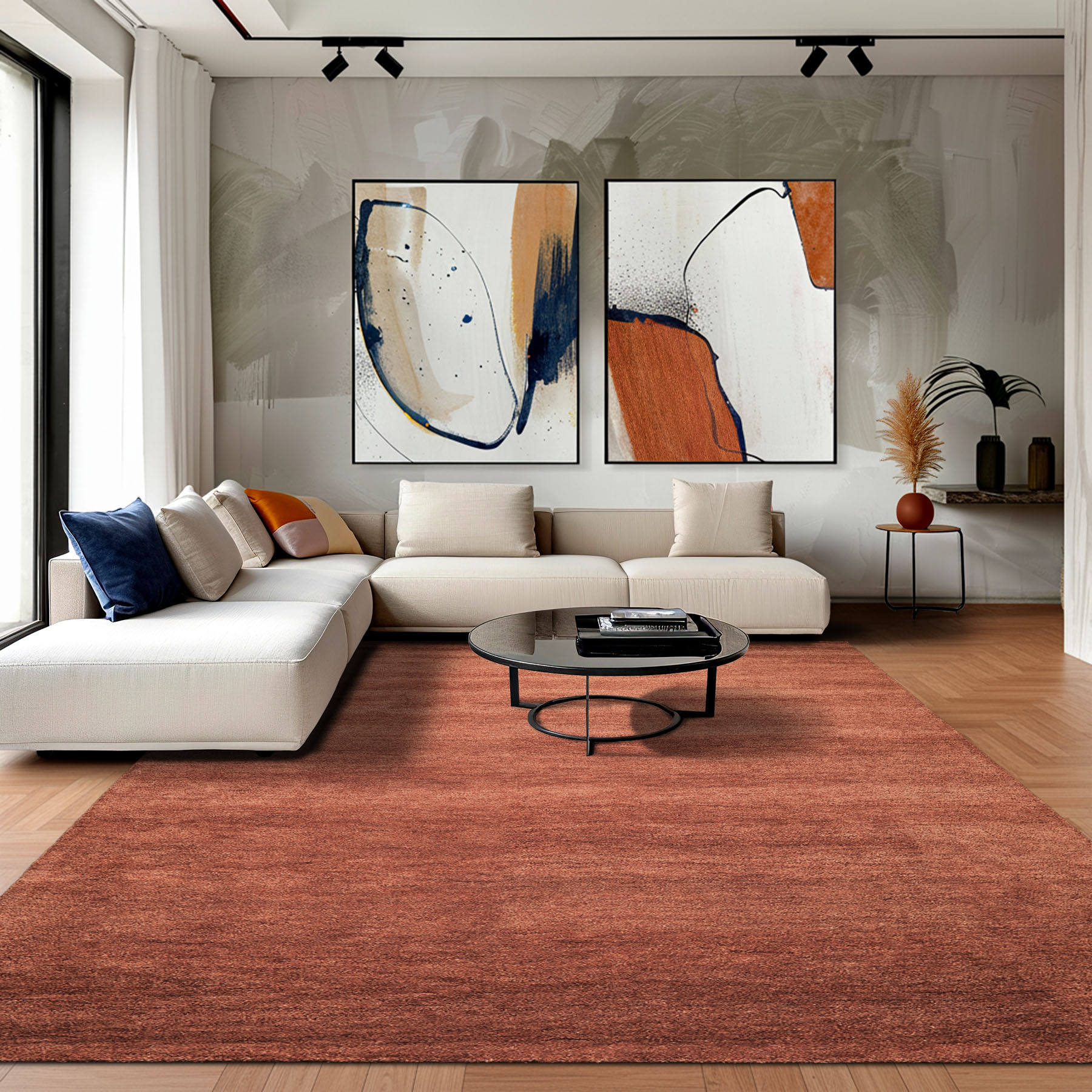 Multi Size Hand Woven 100% Wool Rust Modern Plush Pile Solid Grainy Area Rug