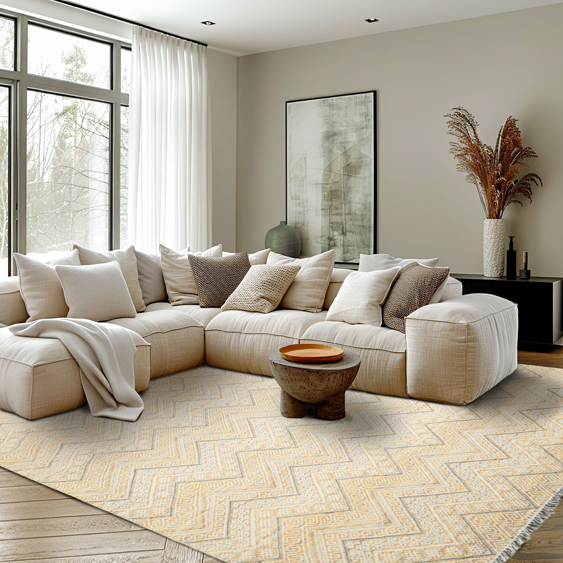 Multi Size Hand Woven Wool Mustard yellow Ivory Modern Flatweave Area Rug