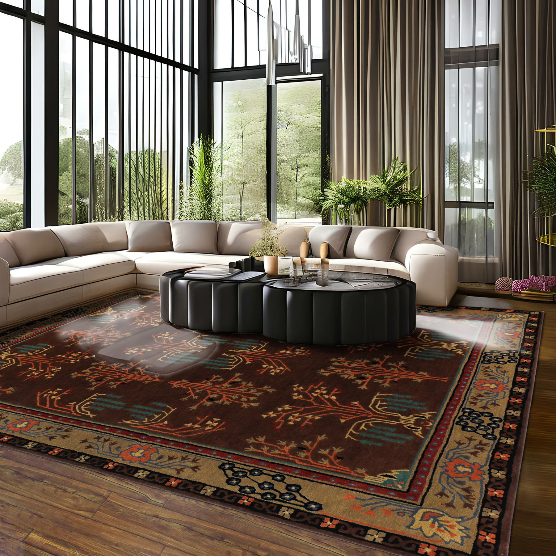 Multi Size Hand Tufted Wool Chocolate Pistachio Arts & Crafts Donegal Area Rug