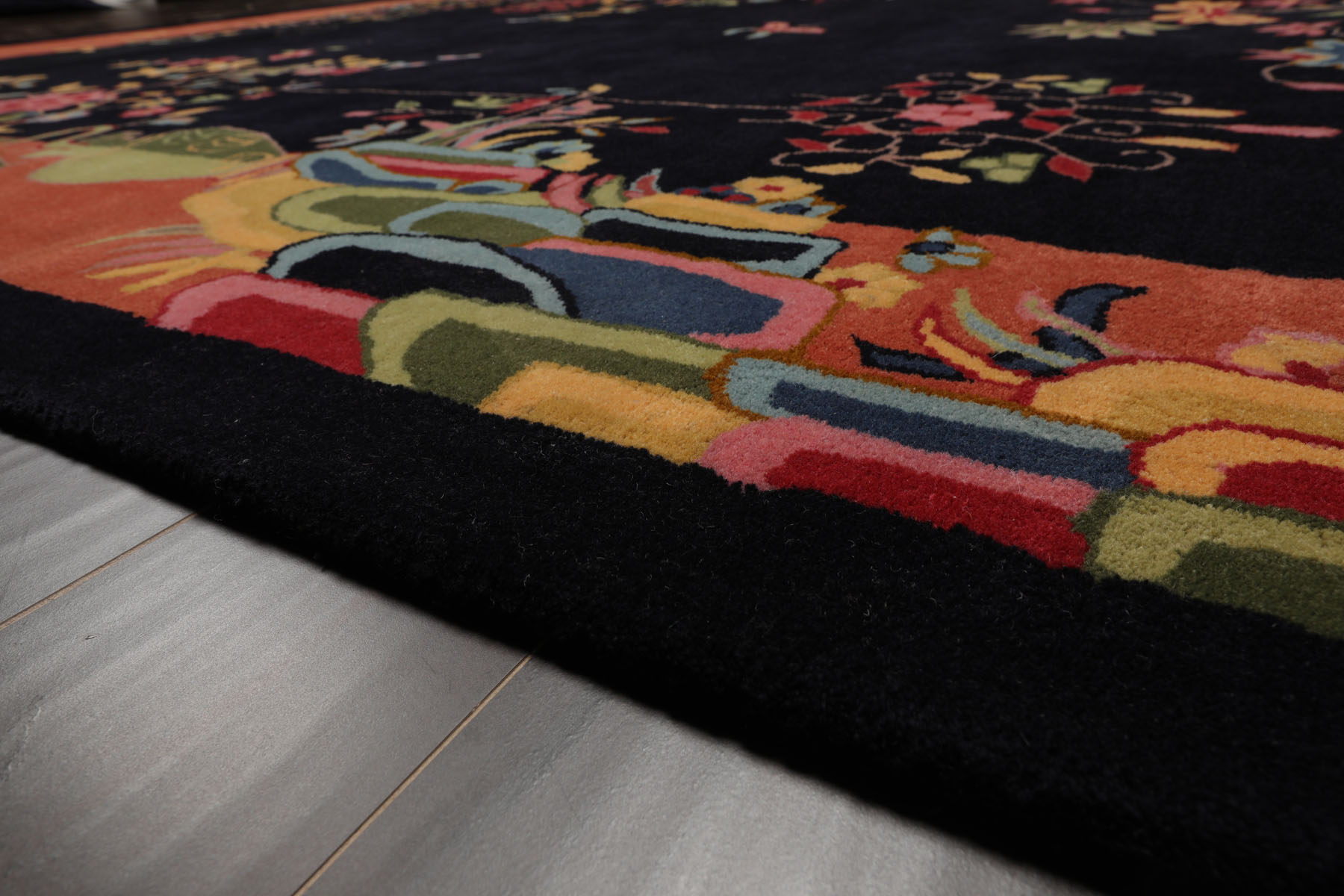 LoomBloom Multi Sizes Black Hand Tufted Chinese Art Deco New Zealand Wool Rug - Picture 15 of 30