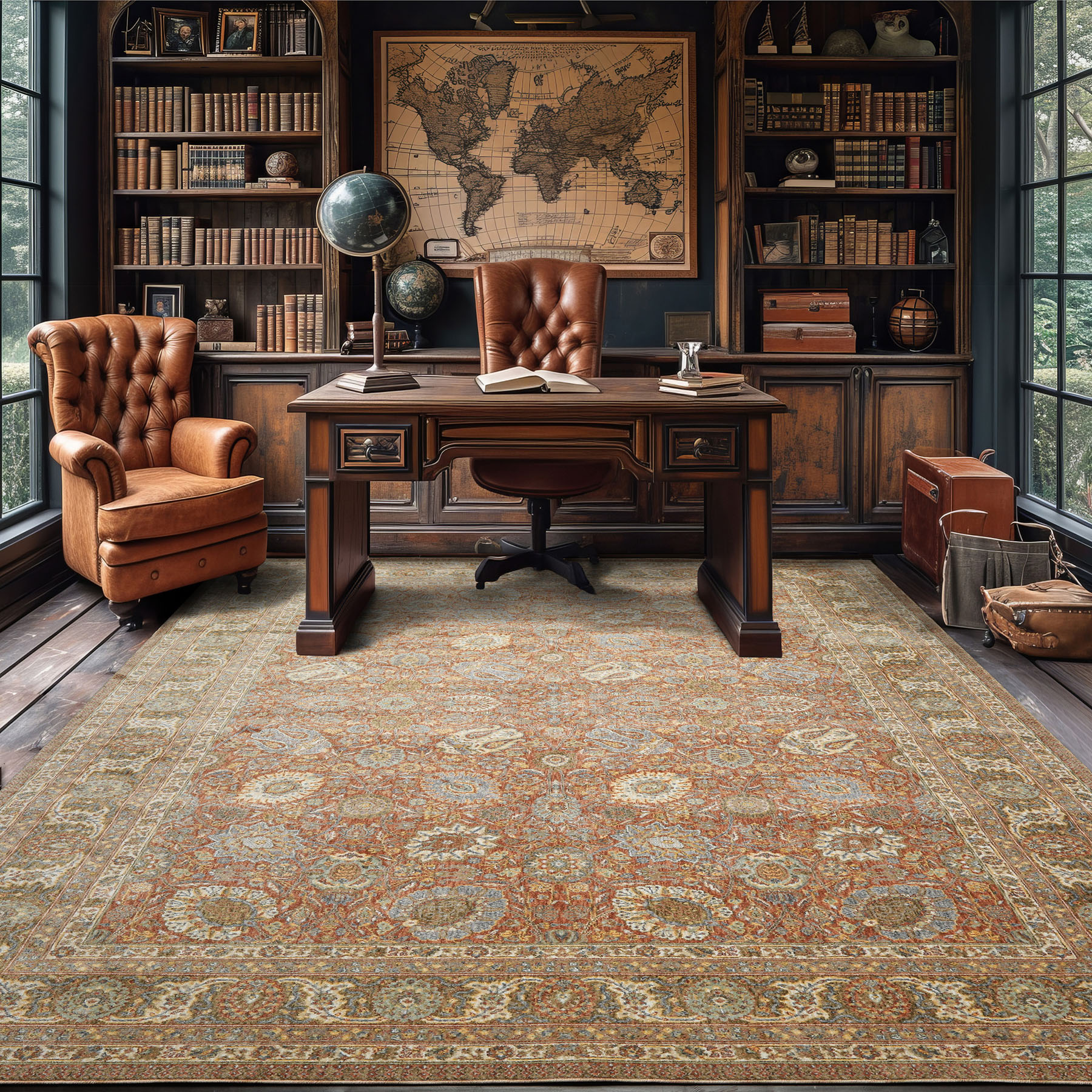 Multi Sizes Rust/Ivory Traditional Dense Pile Silky Sheen Rug