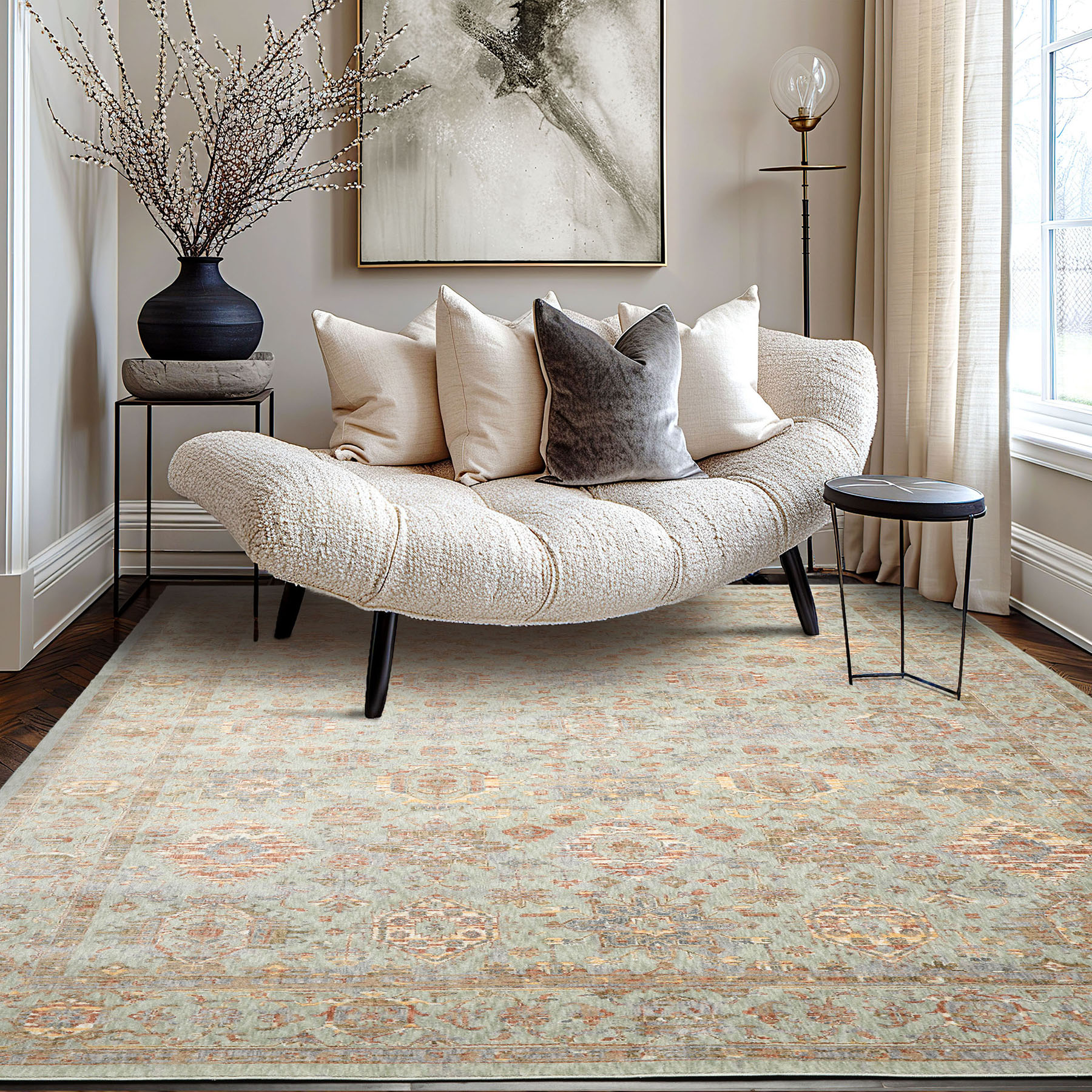 Multi Sizes Aqua Machine Made Dense Pile Traditional Silky Sheen Rug