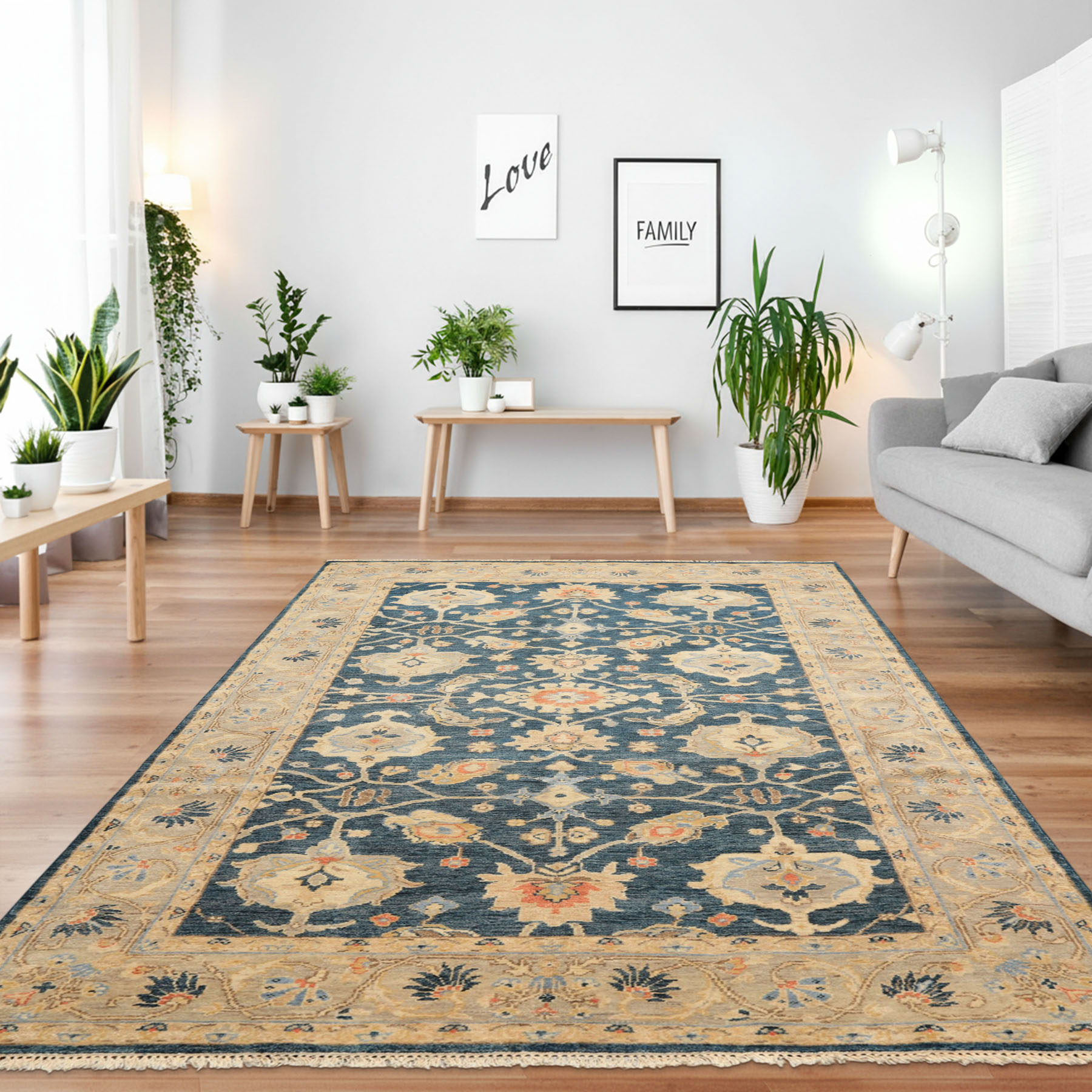 6×8’11” Hand Knotted Wool Navy, Gray Oushak Arts & Crafts Kalaty Rug